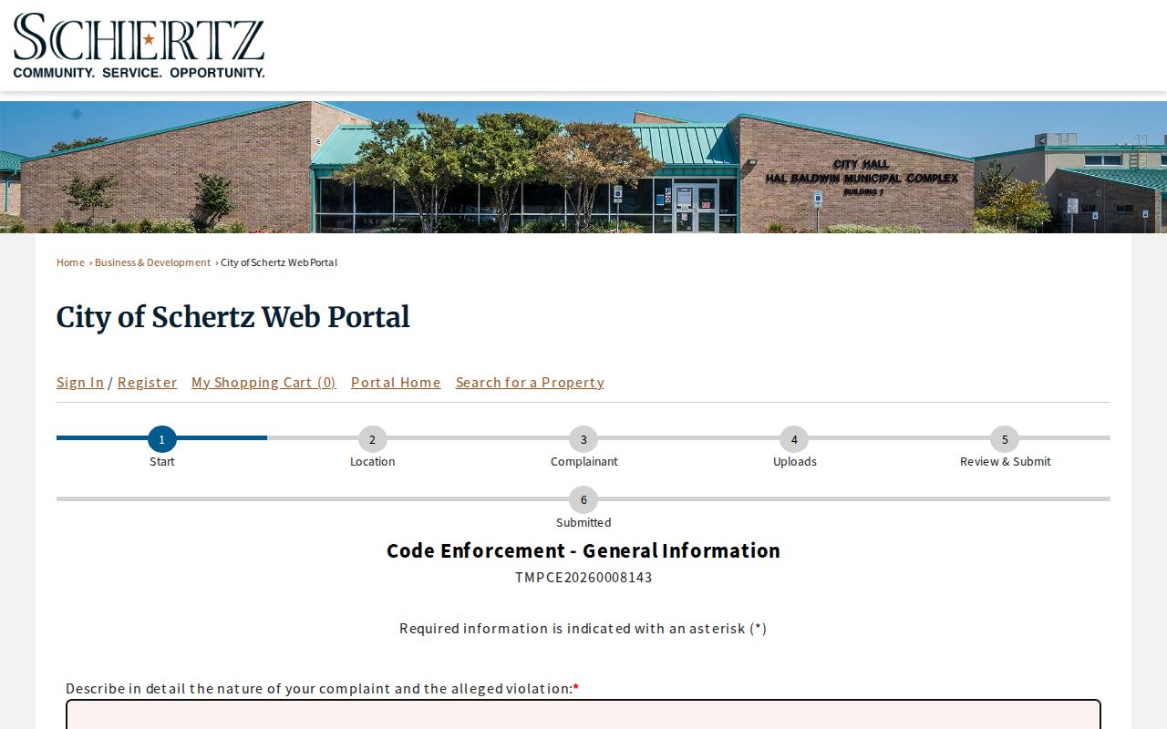 Schertz street directory CityView address-linked code complaint workflow