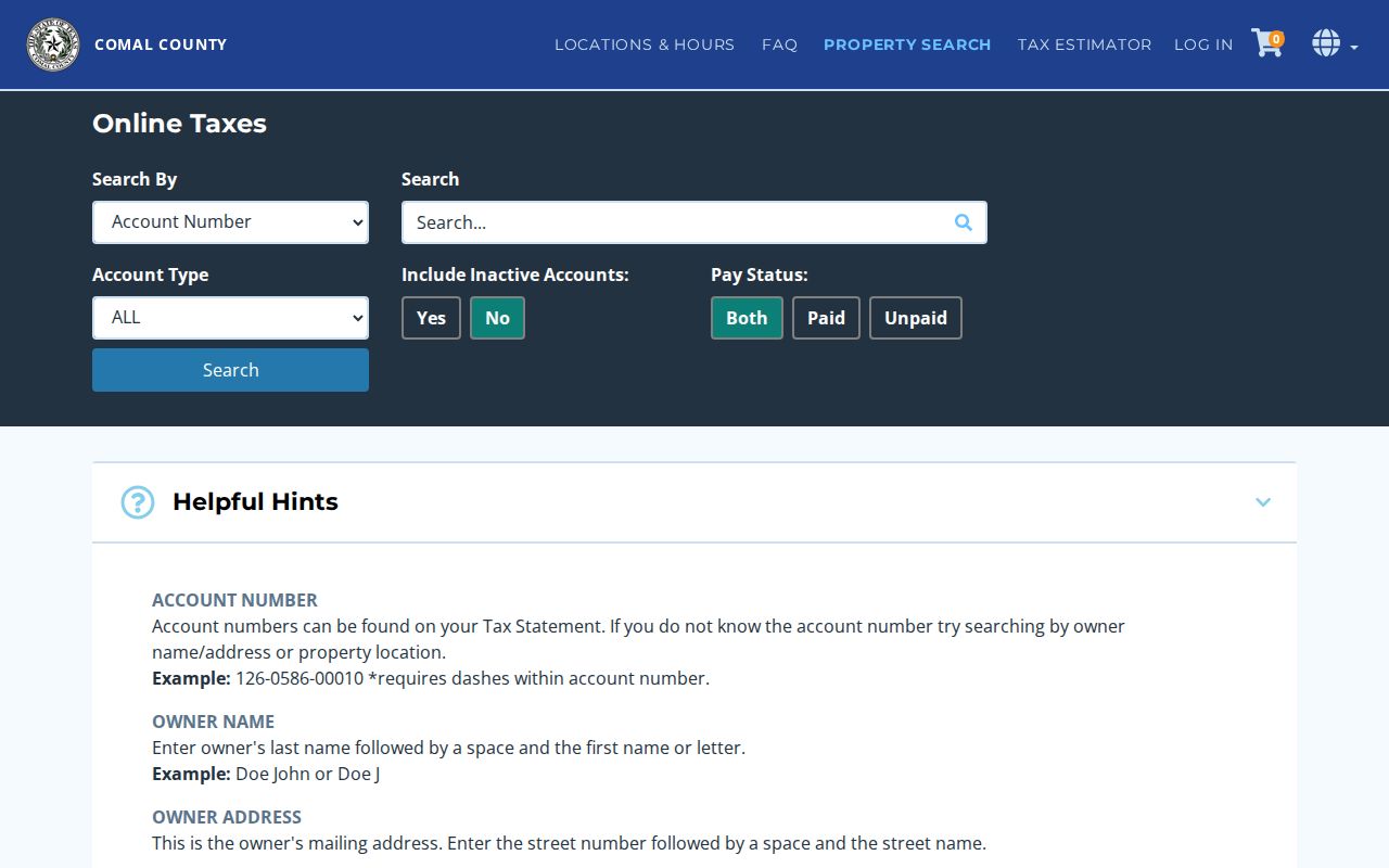Schertz street directory Comal County tax account search fields